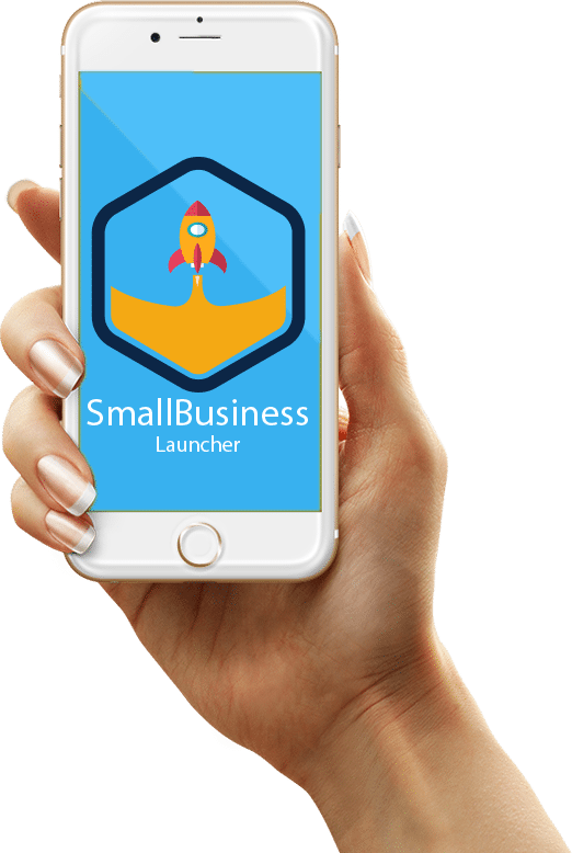 SBL-Hand A person holding up a phone displaying the small business launcher logo from the comfort of their home.